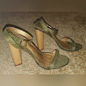 Olive green suede ankle strap heels